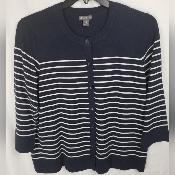 Eddie Bauer Blue and White Striped Cardigan Sz XL - Picture 1 of 8